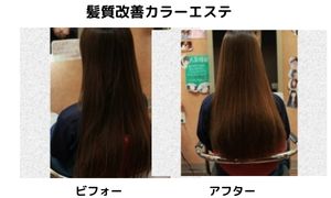 白髪染めによるダメージでパサついた髪と、美容室でケアされたツヤ髪の比較イメージ